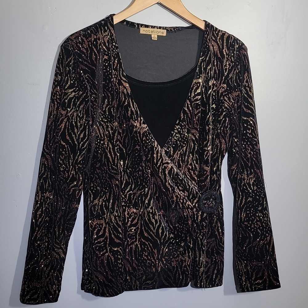 NOTATIONS 90's Vintage Animal Print Glitter Velour Velvet Faux Wrap Blouse